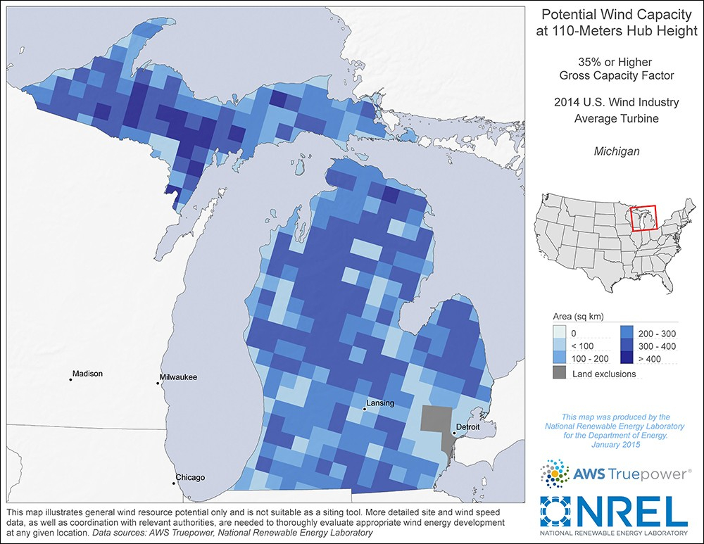 WINDExchange Michigan 110 Meter Potential Wind Capacity Map