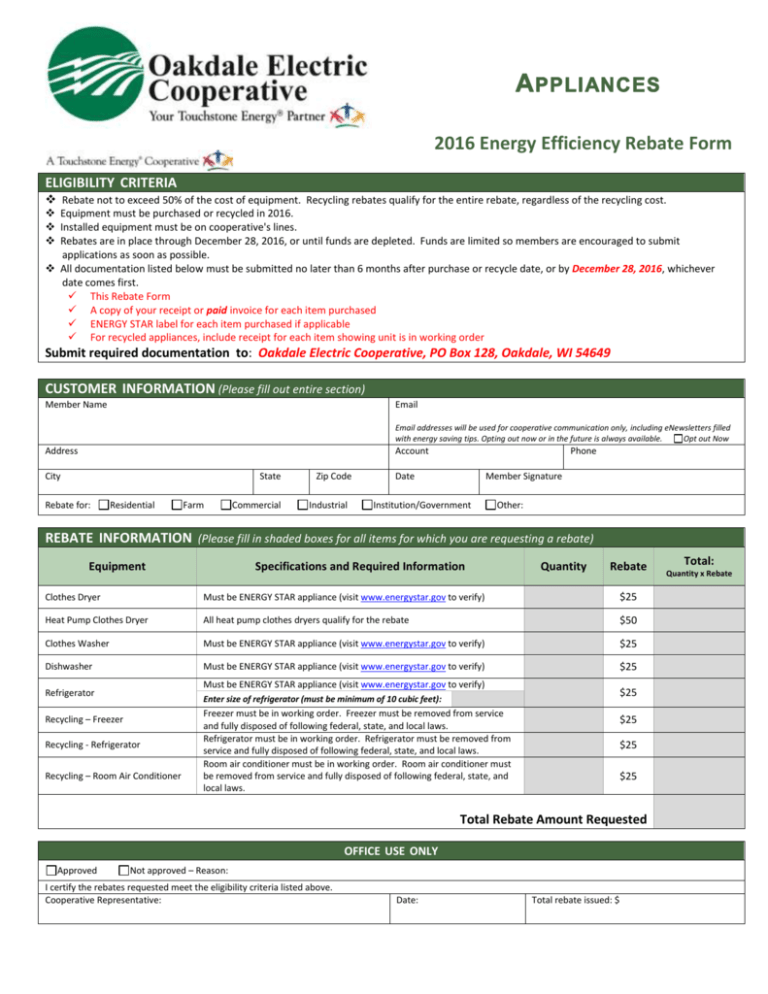 Application Energy Star Rebate Form