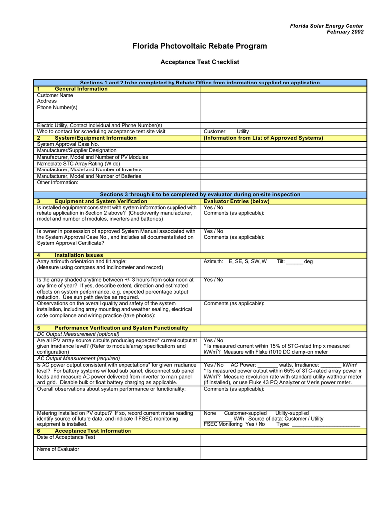 Florida Photovoltaic Rebate Program Acceptance Test Checklist