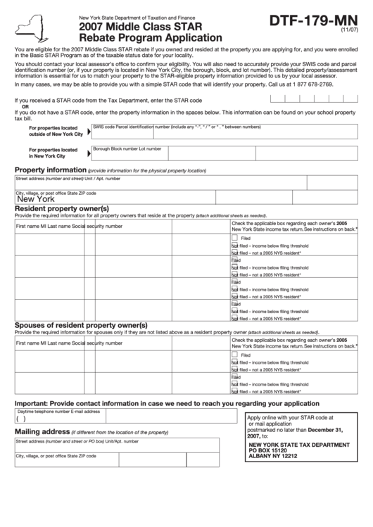 Form Dtf 179 Mn 2007 Middle Class Star Rebate Program Application 