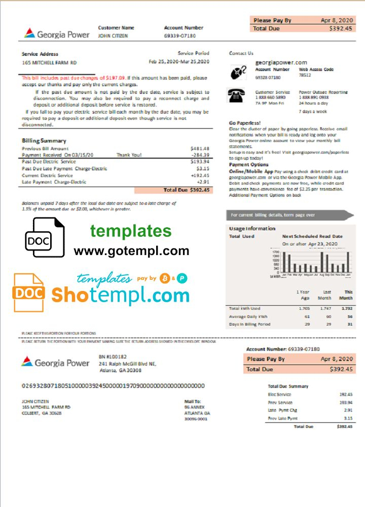 USA Georgia Power Utility New Brand Bill Template In Word And PDF 