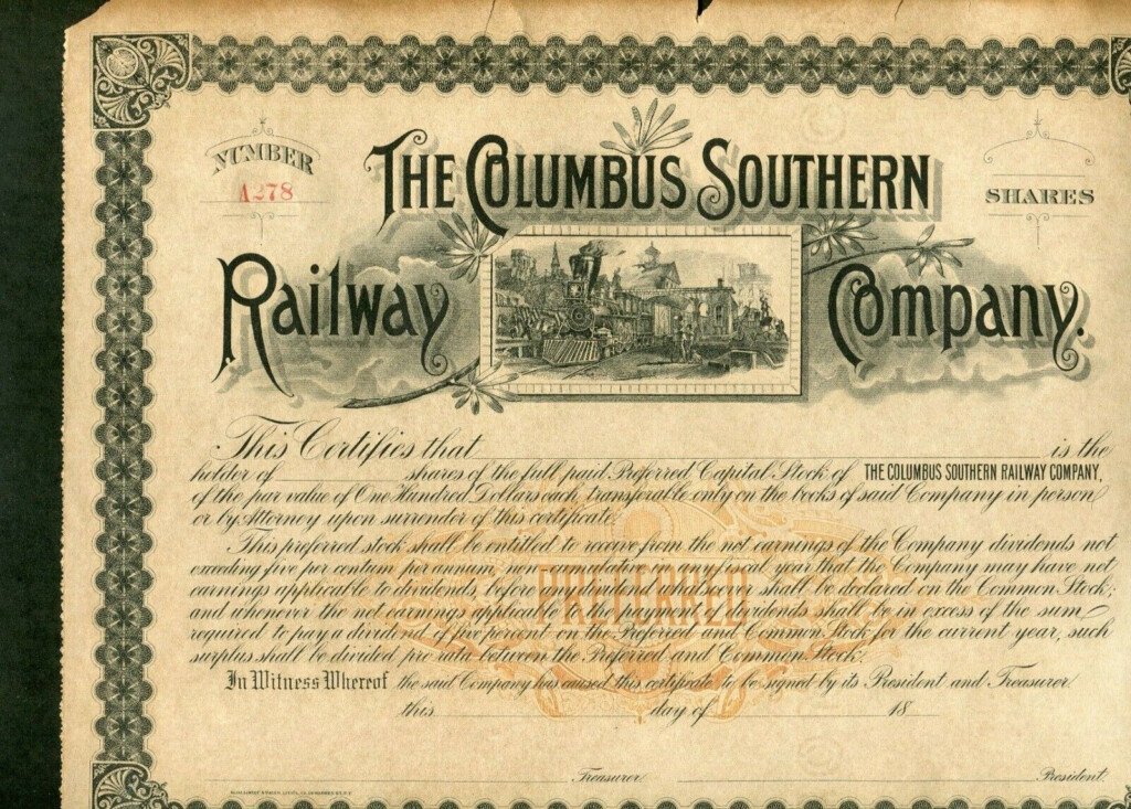 1880 s COLUMBUS SOUTHERN RAILWAY CO COLUMBUS TO ALBANY GA RR STOCK 