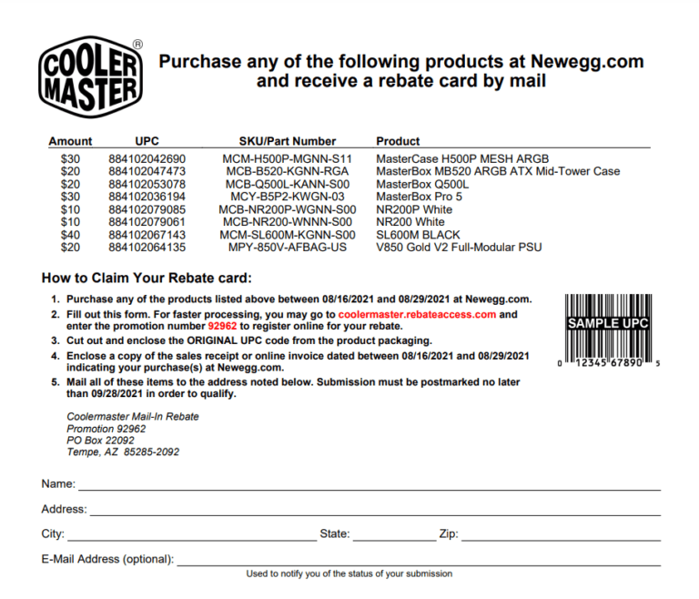 Cooler Master Rebate Form Printable Rebate Form