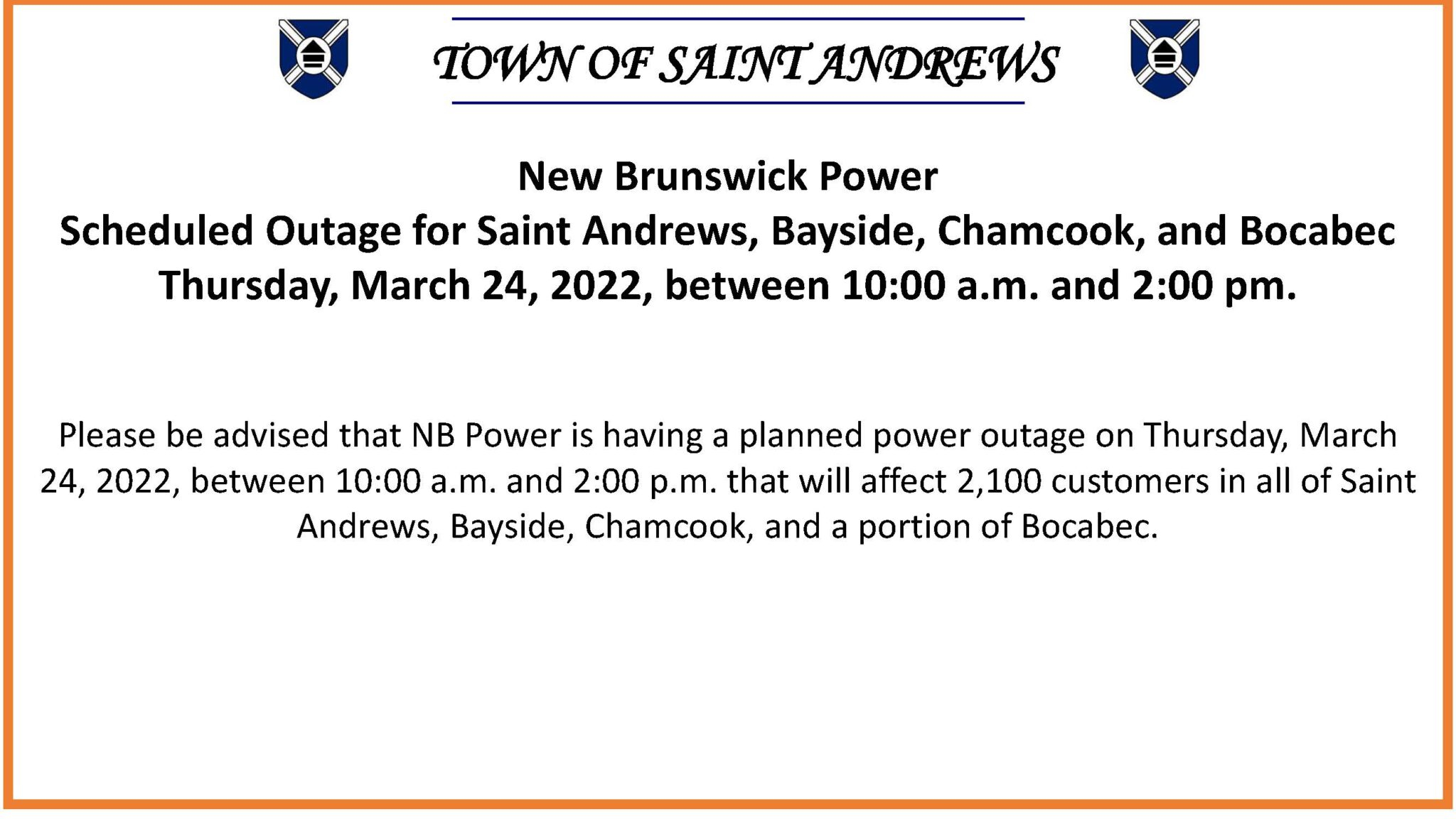 NB Power Scheduled Outage Town Of Saint Andrews