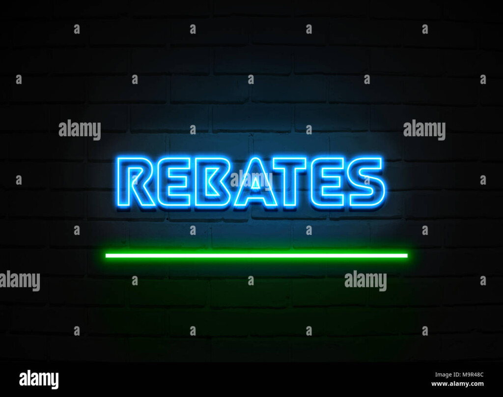 Rebates Neon Sign Glowing Neon Sign On Brickwall Wall 3D Rendered 