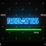 Rebates Neon Sign Glowing Neon Sign On Brickwall Wall 3D Rendered