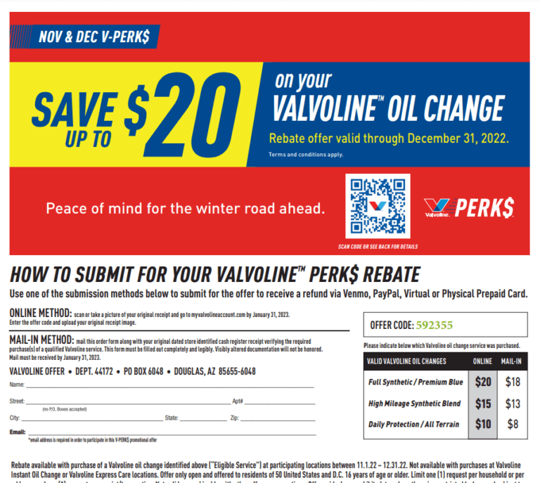 Valvoline Rebate 2024 Printable Rebate Form